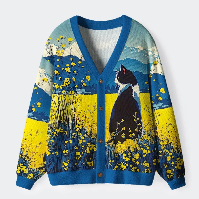 Tokyo-Tiger Cat Gazes Into The Distance In Daylily Ugly Cardigan Sweater