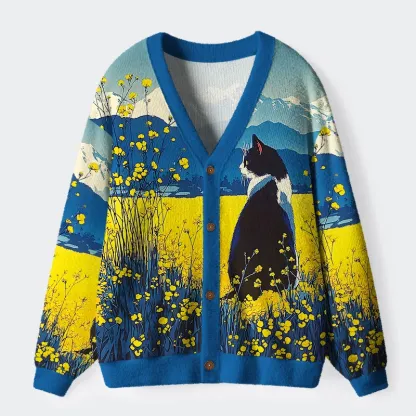 Tokyo-Tiger Cat Gazes Into The Distance In Daylily Ugly Cardigan Sweater