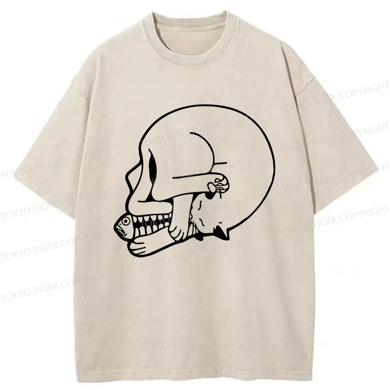 Tokyo-Tiger Funny Cat Eating Fish Washed T-Shirt