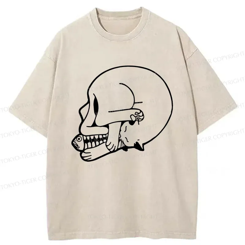 Tokyo-Tiger Funny Cat Eating Fish Washed T-Shirt