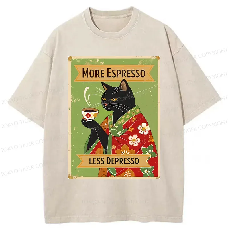Tokyo-Tiger Cute Black Cat Drinking Coffee Washed T-Shirt