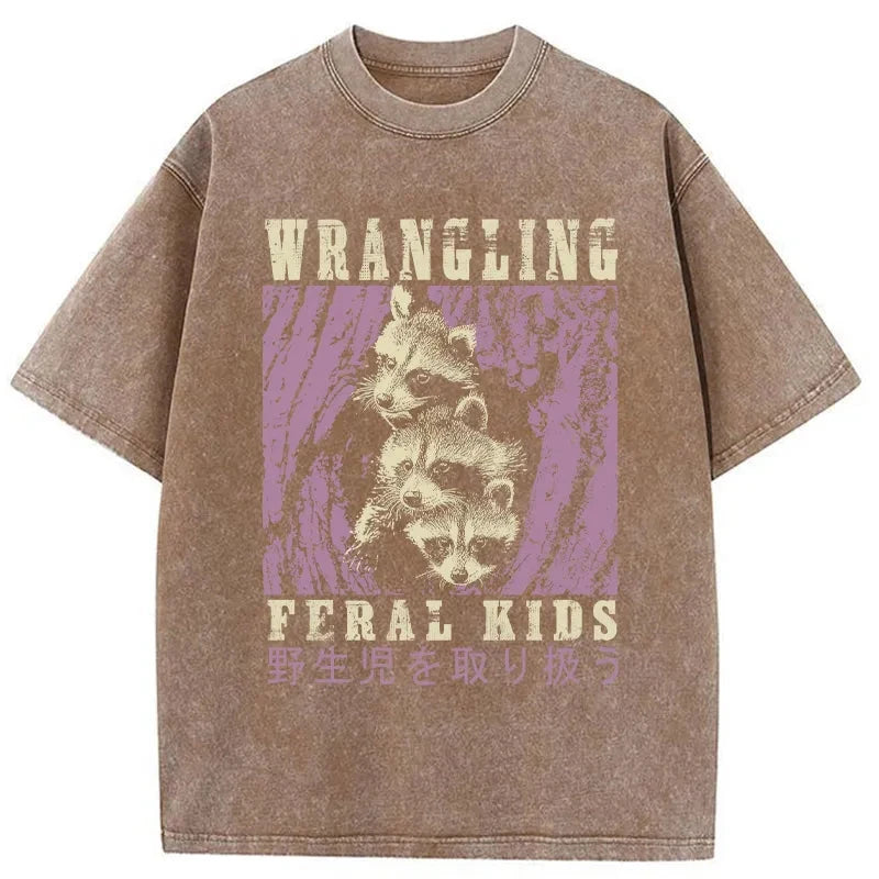 Tokyo-Tiger Wrangling Feral Raccoon Kids Washed T-Shirt