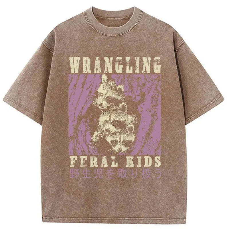 Tokyo-Tiger Wrangling Feral Raccoon Kids Washed T-Shirt