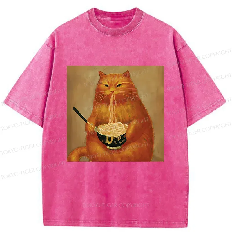 Tokyo-Tiger Cat Eating Ramen Japanese Retro Washed T-Shirt