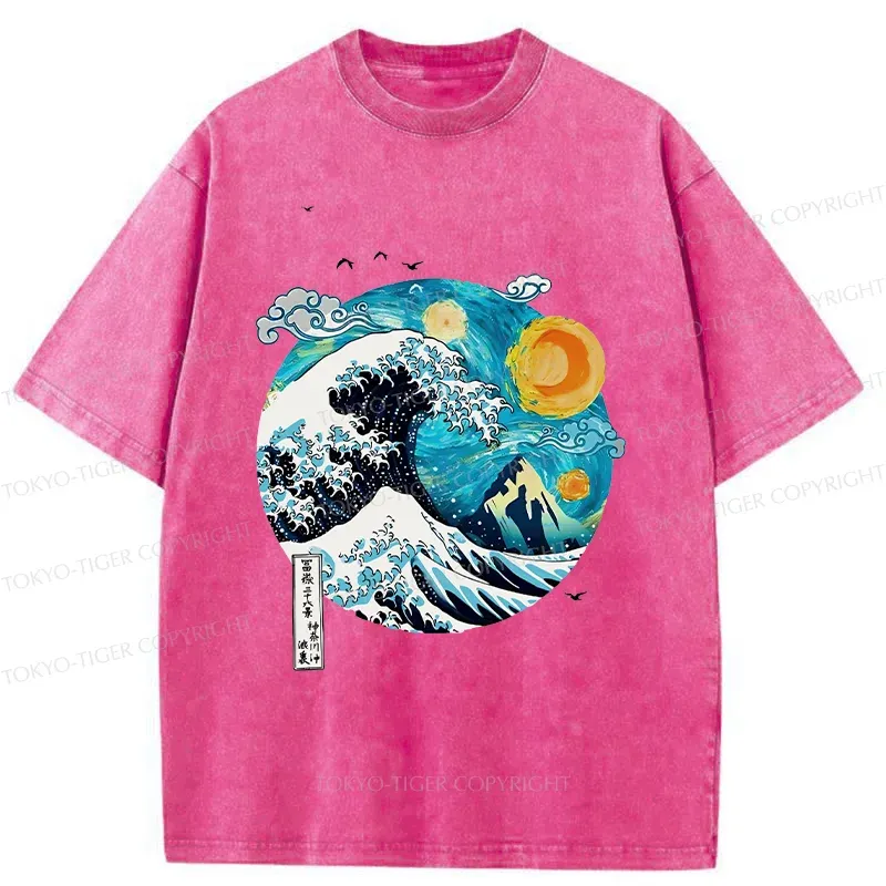 Tokyo-Tiger Waves Under The Starry Sky Washed T-Shirt