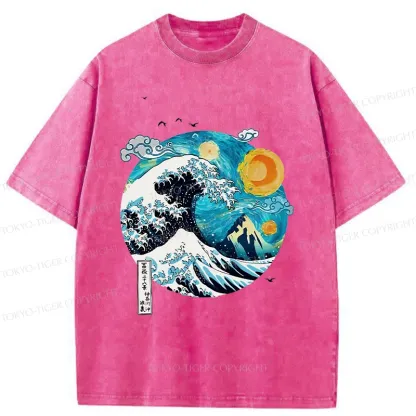 Tokyo-Tiger Waves Under The Starry Sky Washed T-Shirt