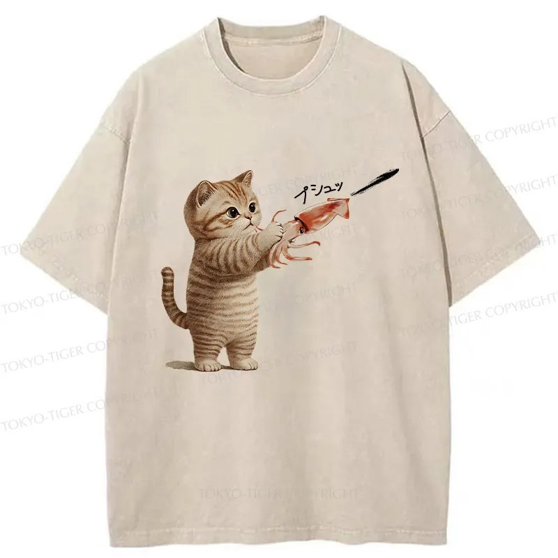 Tokyo-Tiger Funny Cat Shoots Squid Ink Washed T-Shirt