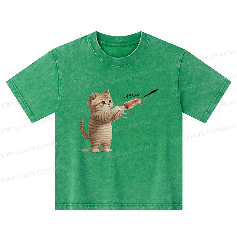 Tokyo-Tiger Funny Cat Shoots Squid Ink Washed T-Shirt