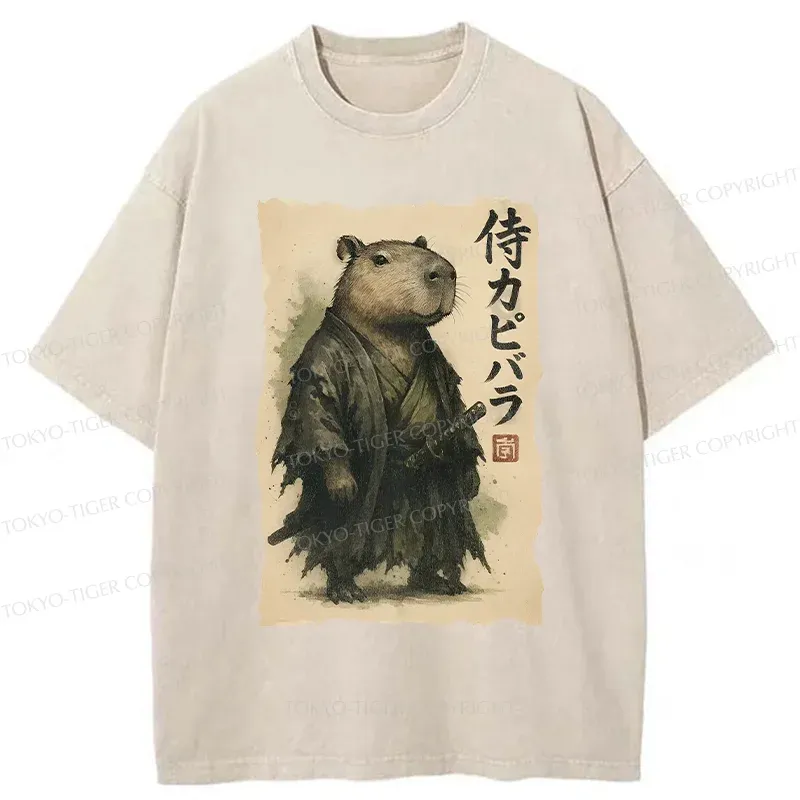 Tokyo-Tiger Capybara Samurai Washed T-Shirt
