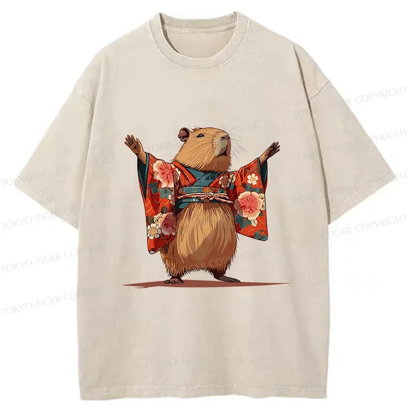 Tokyo-Tiger Capybara In Kimono Washed T-Shirt