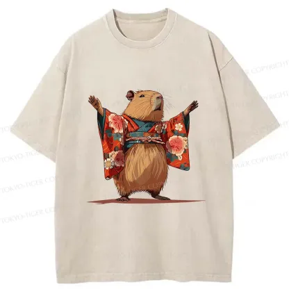 Tokyo-Tiger Capybara In Kimono Washed T-Shirt