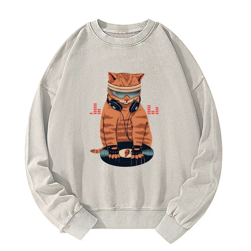 Tokyo-Tiger Funny Cat DJ Washed Sweatshirt