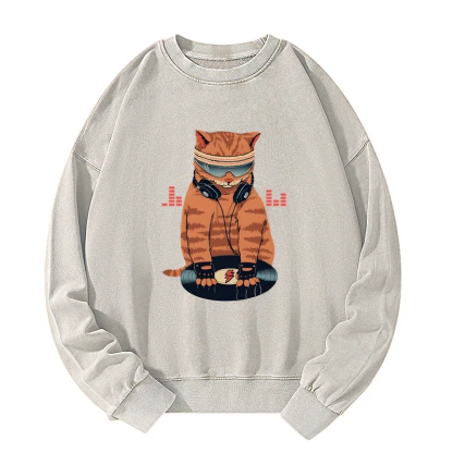 Tokyo-Tiger Funny Cat DJ Washed Sweatshirt