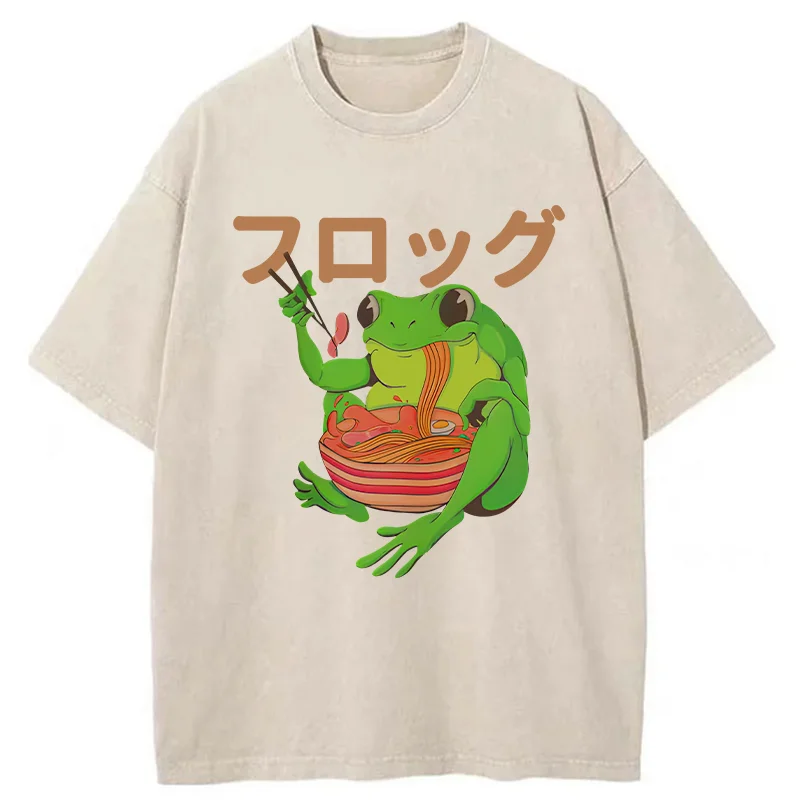 Tokyo-Tiger Frog Eating Ramen Japan Washed T-Shirt