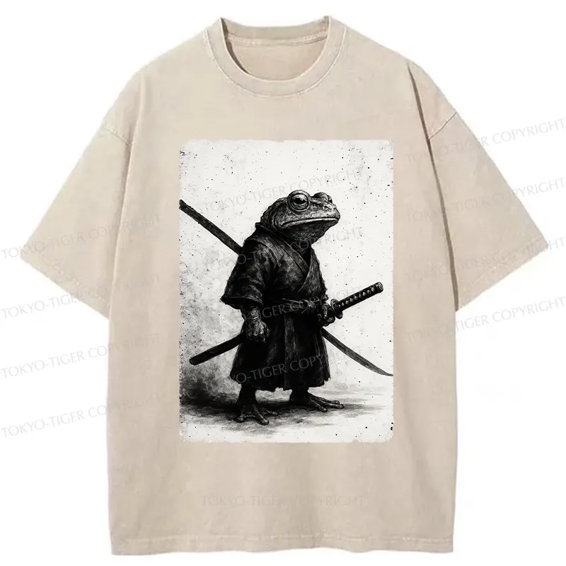 Tokyo-Tiger Retro Frog Samurai Japanese Washed T-Shirt
