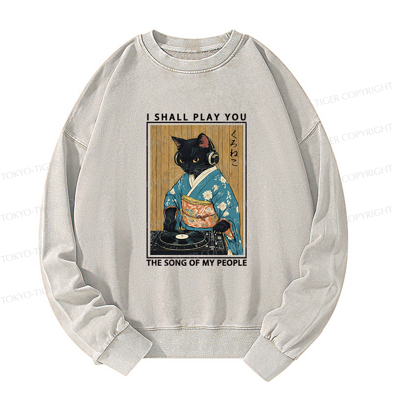 Tokyo-Tiger Funny Playing Music Black Cat Washed Sweatshirt