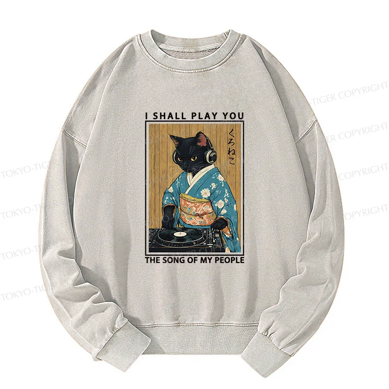 Tokyo-Tiger Funny Playing Music Black Cat Washed Sweatshirt
