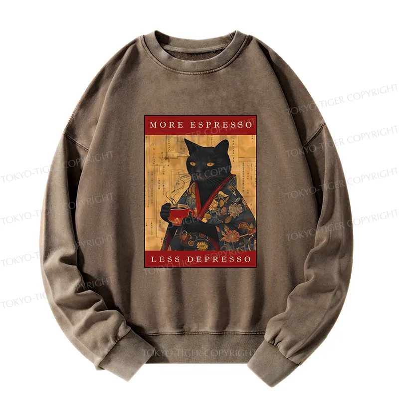Tokyo-Tiger More Espresso Less Depresso Cat Washed Sweatshirt