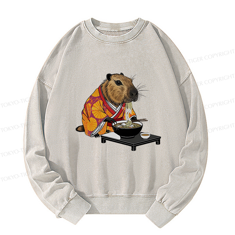Tokyo-Tiger Cute Capybara Eating Ramen Washed Sweatshirt
