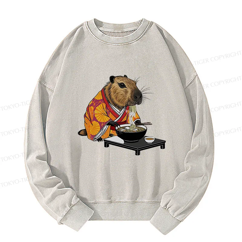 Tokyo-Tiger Cute Capybara Eating Ramen Washed Sweatshirt