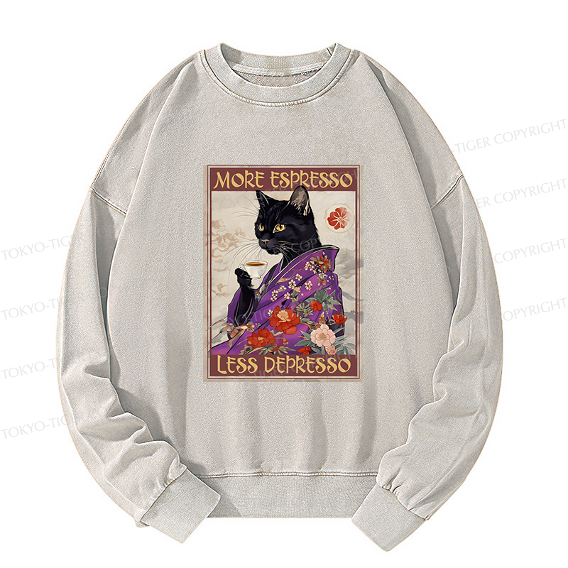 Tokyo-Tiger Japanese Cat Drinking Coffee Washed Sweatshirt