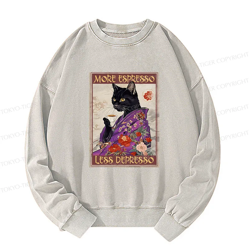 Tokyo-Tiger Japanese Cat Drinking Coffee Washed Sweatshirt