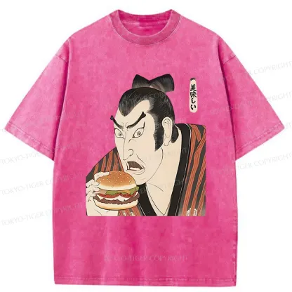 Tokyo-Tiger Japanese People Eating Hamburger Washed T-Shirt