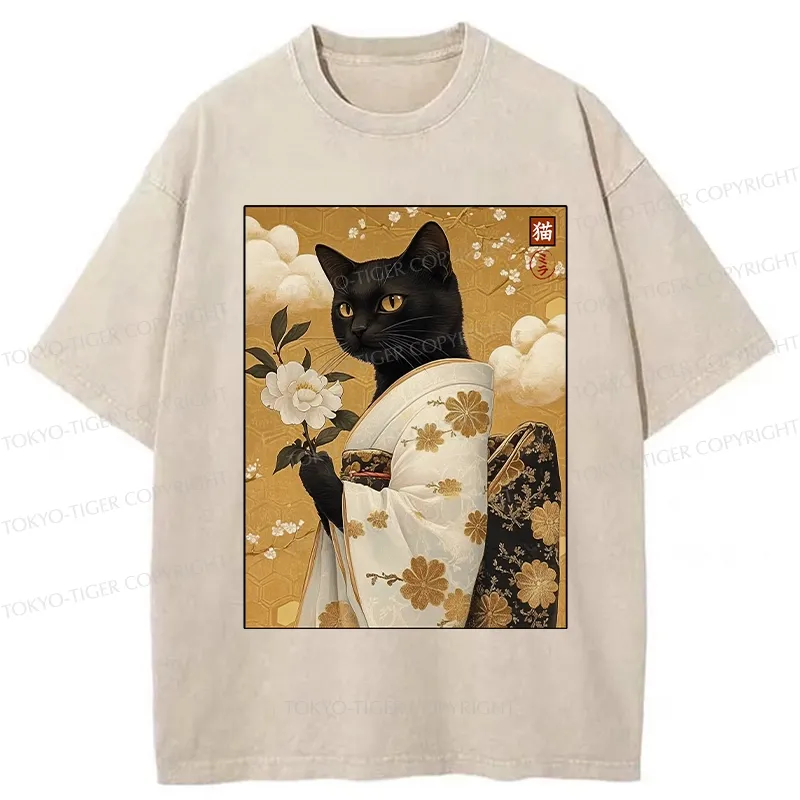 Tokyo-Tiger Retro Black Cat Holding A Flower Washed T-Shirt