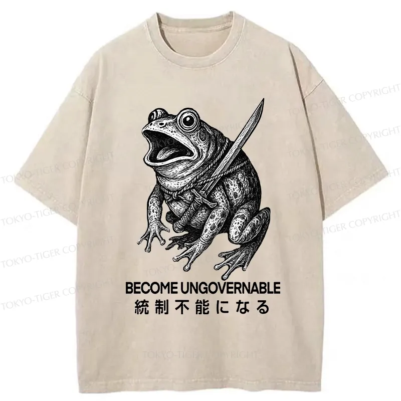 Tokyo-Tiger Frog Carrying A Samurai Sword Washed T-Shirt