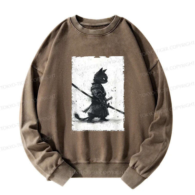 Tokyo-Tiger Retro Cat Samurai Japanese Washed Sweatshirt
