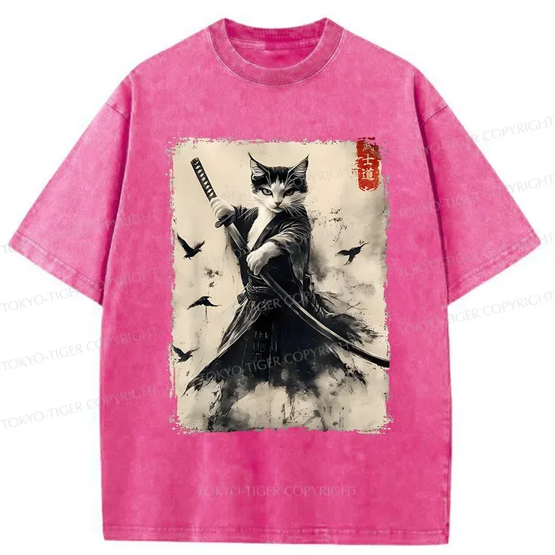 Tokyo-Tiger Retro Cat Samurai Poster Washed T-Shirt