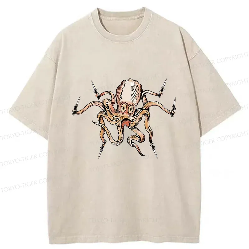 Tokyo-Tiger Octopus With Knife Washed T-Shirt