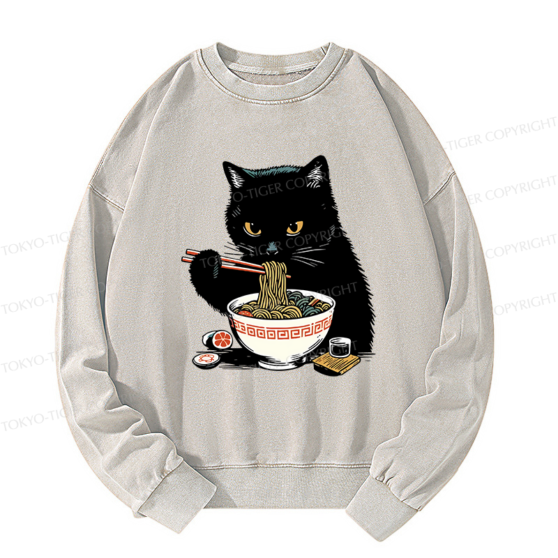 Tokyo-Tiger Cat Eating Favorite Ramen Washed Sweatshirt