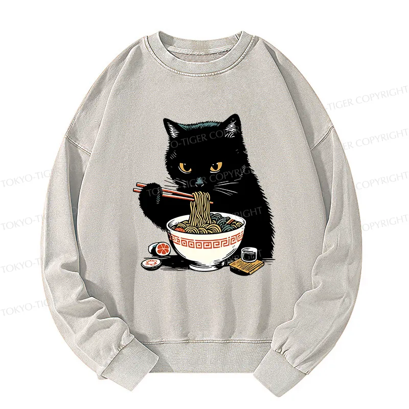 Tokyo-Tiger Cat Eating Favorite Ramen Washed Sweatshirt