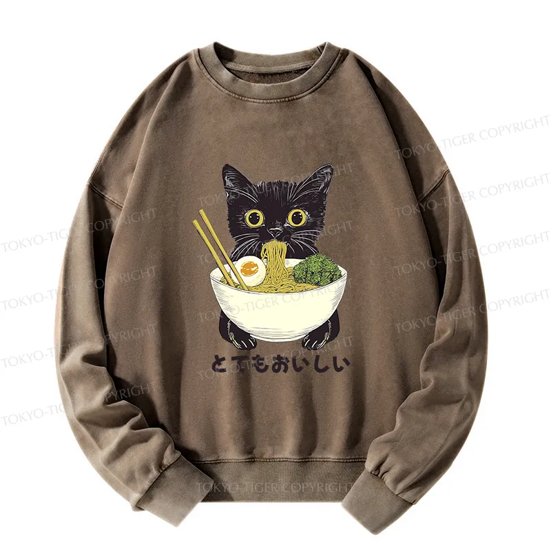 Tokyo-Tiger Ramen Lover Cute Cat Washed Sweatshirt