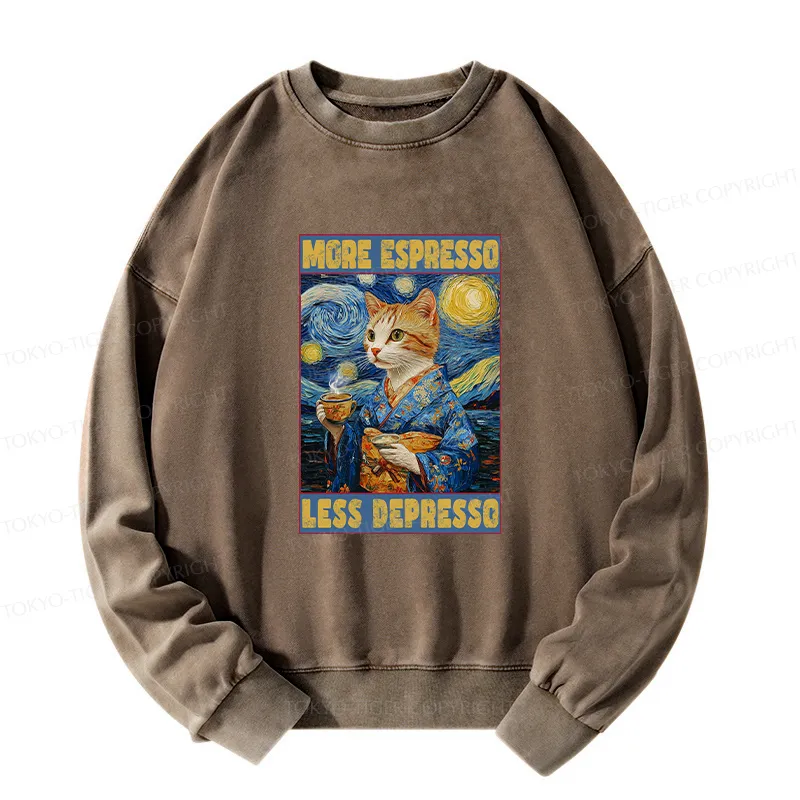 Tokyo-Tiger Funny More Espresso Less Depresso Washed Sweatshirt
