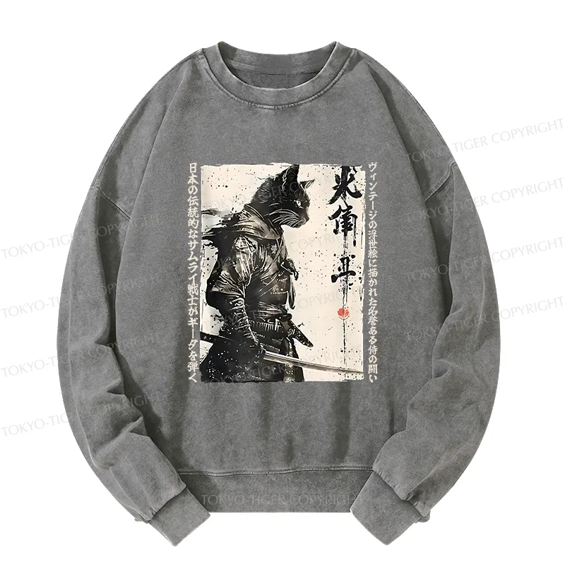 Tokyo-Tiger Cat Samurai Retro Washed Sweatshirt