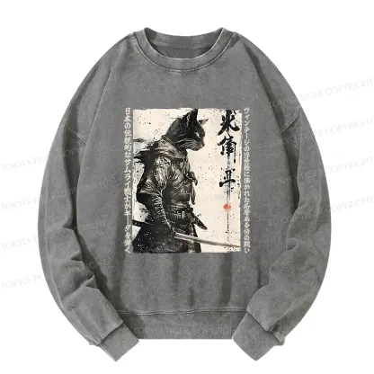 Tokyo-Tiger Cat Samurai Retro Washed Sweatshirt