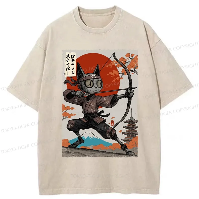 Tokyo-Tiger Japanese Robot Cat Archery Washed T-Shirt