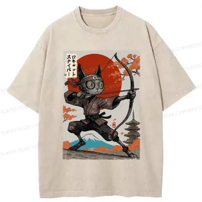 Tokyo-Tiger Japanese Robot Cat Archery Washed T-Shirt