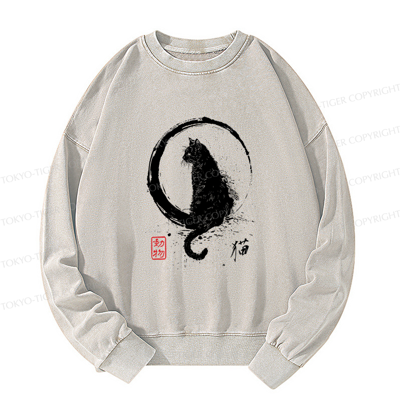 Tokyo-Tiger Retro Japanese Black Cat Washed Sweatshirt
