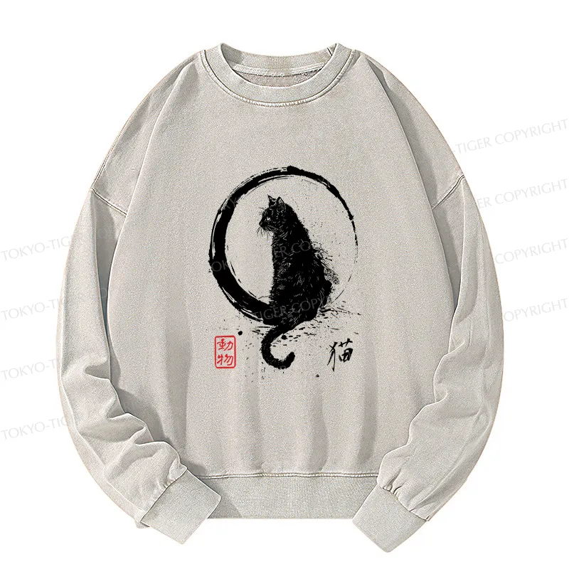 Tokyo-Tiger Retro Japanese Black Cat Washed Sweatshirt
