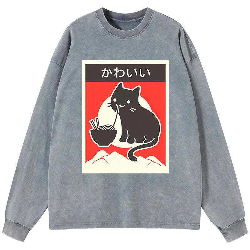 Tokyo-Tiger "Kawaii" Vintage Style Japenese Ramen Cat Washed Long Sleeve T-Shirt-tokyo-tiger