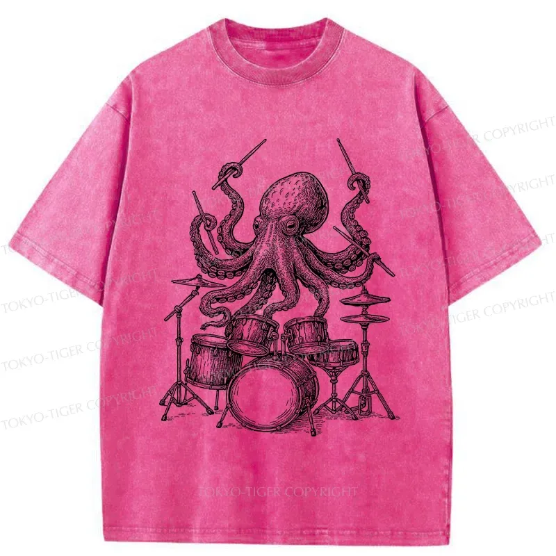 Tokyo-Tiger Octopus Drummer Washed T-Shirt