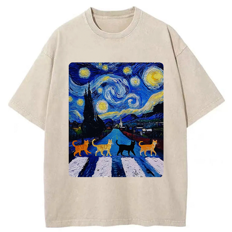 Tokyo-Tiger Starry Night Cat Washed T-Shirt