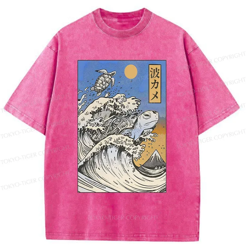 Tokyo-Tiger Surfing Turtle Washed T-Shirt