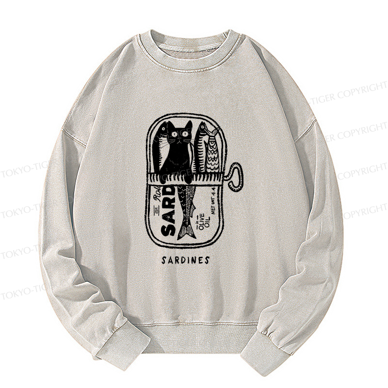 Tokyo-Tiger Cat Hiding In A Sardine Can Washed Sweatshirt