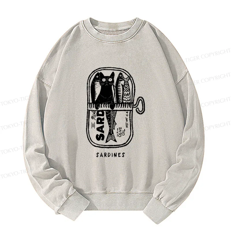 Tokyo-Tiger Cat Hiding In A Sardine Can Washed Sweatshirt