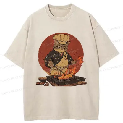Tokyo-Tiger Cat Grill Chef Washed T-Shirt