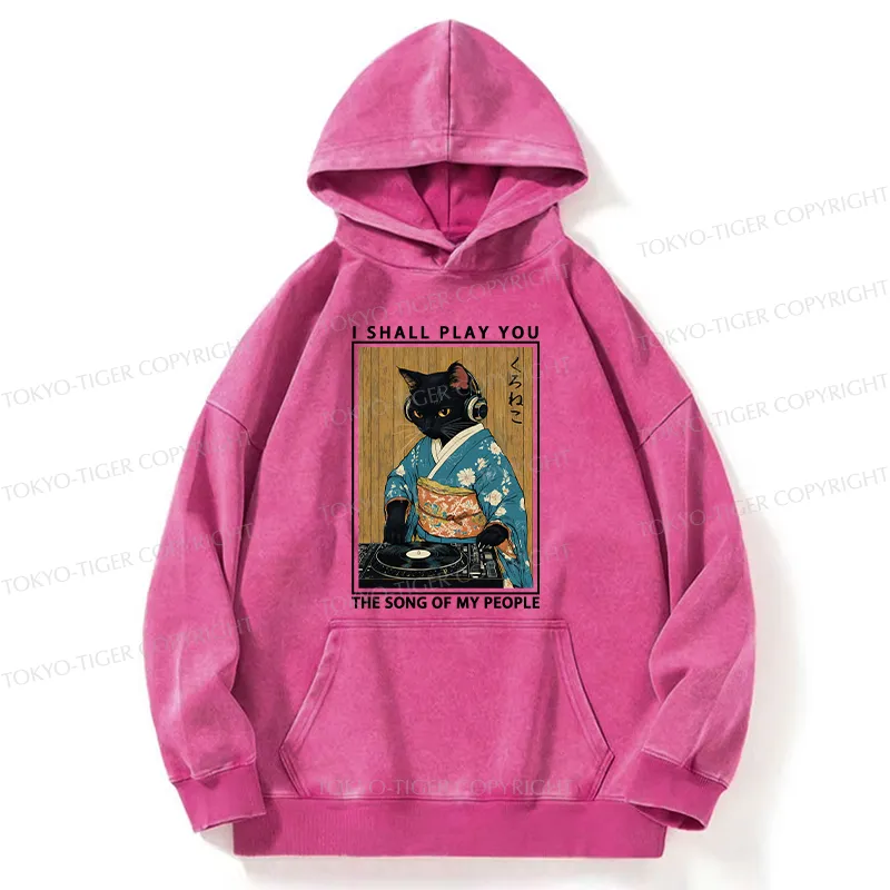 Tokyo-Tiger Funny Playing Music Black Cat Washed Hoodie